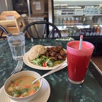 Potato-Kale Soup (small), Crispy Cauliflower, Root Juicee  at Lotus Vegan Restaurant in Pinellas Park