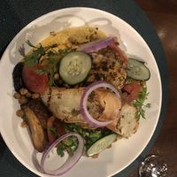 Charred cauliflower with paprika hummus and other delicious veggies!  at Poivre Noir in Kigali