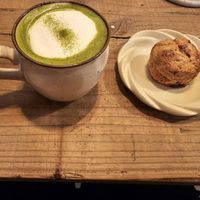 Scone walnut and banana with macha latte at TU CASA -Zero waste & Plant based- in Kyoto