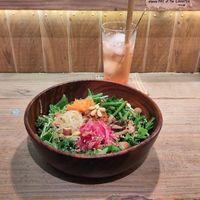 Bibimbap and strawberry soda at TU CASA -Zero waste & Plant based- in Kyoto