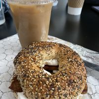 Everything bagel with vegan cream cheese and tempeh bacon. Vegan milk options for lattes too!  at Her Daughters in Philadelphia
