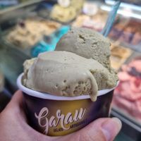 Two scoops of pistachio ice cream at Gelats Garau in Mallorca