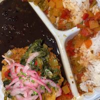To go plate ( veggie mofongo with rice black beans   at El Nuevo Frutilandia in San Francisco