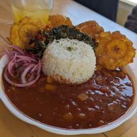 Habichuelas Rositas, Arroz Blanco con Tostones (so tasty!!) at El Nuevo Frutilandia in San Francisco