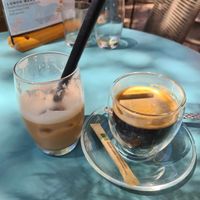 Iced coffee with almond milk and an americano ☕️ at Fraise Café in Menton