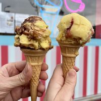 Vegan chocolate and blueberry ripple ice creams   at Capaldis of Brora Big Pink Shop in Brora