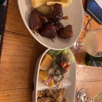 Vegan chicken styles chunks in teriyaki sauce and crispy cassava chips  at Asianica Street Food - temporarily closed in Lima