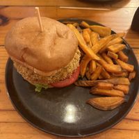 Tasty “no chicken” burger with seeet potato fries #Veganuary at Asianica Street Food - temporarily closed in Lima