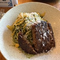 Pesto spaghetti with beyond burgerrs  at Asianica Street Food - temporarily closed in Lima
