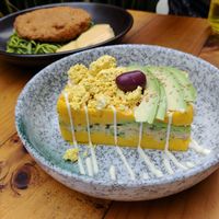 Causa: cold mash, avo and fake tuna mayo at Asianica Street Food - temporarily closed in Lima