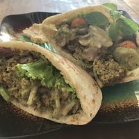 Falafel sandwich with vegan dressing  at The Fringe in Battambang