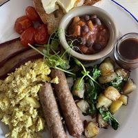 Vegan big breakfast, tofu scramble, homemade beans, sausages, homemade ketchup. at Steam Bistro in Coniston