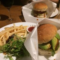 foreground avocado burger //bacgeound vegan burger at Matsuontoko Cafe in Kyoto