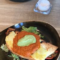 Vegan quesadilla with cashew cream and chipotle sauce at Tilstede mat og mer in Kristiansand