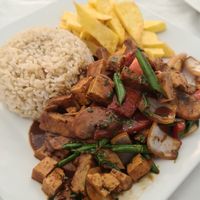 Second dish on the menu with seitan, tofu and mushrooms at Sazon Del Muya in Trujillo
