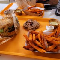 Chik'n burger, sweet potato fries and maple cookie at Vélicious Burger in Colmar