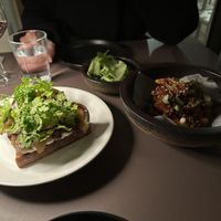 Cornbread with pickled eggplant and cashew feta with Korean Souls fried mushroom!  at Beyla in Copenhagen