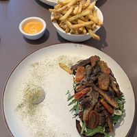 Blue oyster mushrooms and fries  at Beyla in Copenhagen