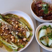 Starters:  fried oyster-mushrooms and asparagus with little gem at Beyla in Copenhagen