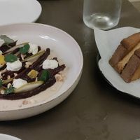 Cornbread, beetroot, pear, hazelnut and ricotta. at Beyla in Copenhagen