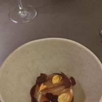 Dessert - shortbread biscuit with vanilla cream, caramel & apples. at Beyla in Copenhagen