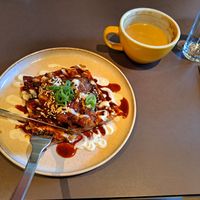Mushroom waffle and a latte at Beyla in Copenhagen