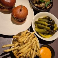 pickles, miniburger, artichokes, reaaly tasty fries at Beyla in Copenhagen