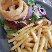 Spicy bean burger and fries at Taylor's Bar and Kitchen in Scarborough
