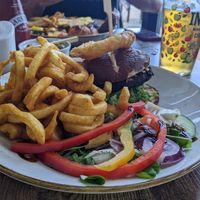 Vegan burger and curly fries at Taylor's Bar and Kitchen in Scarborough