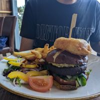 Vegan burger is topped with vegan cheese and vegan mayonnaise at Taylor's Bar and Kitchen in Scarborough