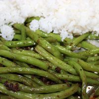 Green bean with vegan meat at Quan Yin in Houston