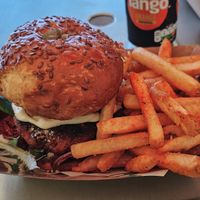 Sexy Shroom burger and seasoned fries at Vegan Filth in Cardiff