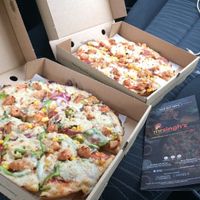 Top Pizza - Vegan meatfeast medium pizza (vegetarian option meat swapped out for sweetcorn). 
Bottom Pizza - Vegan veggie sausage medium pizza.
Both with vegan cheese. Takeout. at Mr Singh's in Birmingham