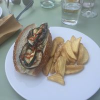 roasted aubergine panini burger with chips  at Talea - Orto Botanico in Palermo