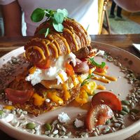 Loaded croissant $28.50 at Harrow and Harvest Cafe in Lilydale