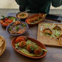 Falafel + foul madam + hummus + fatayer at Falafel & Veg in Caen