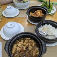 Szechuan tofu, tofu in tomato sauce and Hue noodle soup at Nhà Hàng Chay Hoa Lư - Loving Hut in Ninh Binh