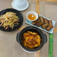 mango salad, tofu in tomatosauce, fried spring rolls  at Nhà Hàng Chay Hoa Lư - Loving Hut in Ninh Binh