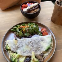 Açai Bowl with Vegan Nutella & the Vegan Tapioca with vegan cheese, mushroom and broccoli   at Toca Tapioca House in Dublin