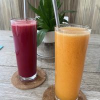 ‘Orange Crush & You’ve got the Beet’ cold pressed juicee  at The Beachbaby Cafe in Siargao