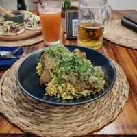 Coconut rice and soy meat at Agave Studio in Puerto Ayora