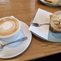 Oat cappuccino and blueberry muffin at Cafe Lehel in Munich