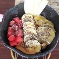 Acai Bowl - very small portion underneath the fruits... at Kalma Café in Lanzarote