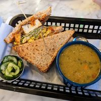 Peanut tofu sandwich and lentil soup. at Local Foods in Austin