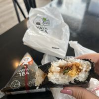Inside spring roll onigiri (without mayo) and gong bao  at Yaya Tea in Hicksville