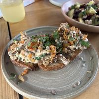 Cheesy mushroom + kimchi toast  at Real Vegetal in Medellin