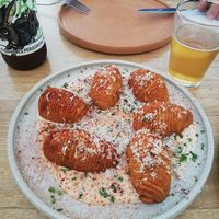 Oven potatoes on garlic cashew cheeze at Real Vegetal in Medellin