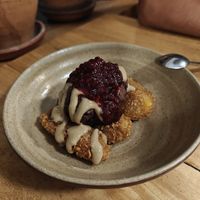Dessert: fried banana, chocolate ice cream and raspberry jam. Really enjoyed it. at Real Vegetal in Medellin