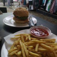 Vegan burger and fries at Jai Jagannath in Ao Nang