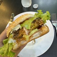 My vegan burger. Pattie had lentils and veggies. Vegan mayo, mustard. Very yum!    at Jai Jagannath in Ao Nang
